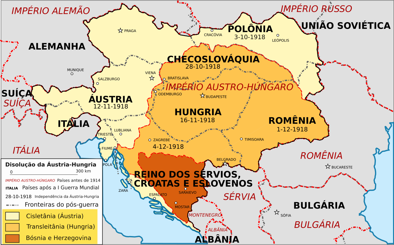 Mapa da dissolução do Império Austro-Húngaro em 1918 e os países que surgiram dele